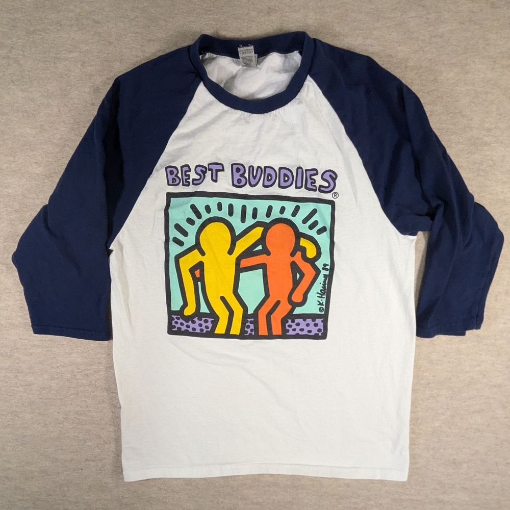 Best Buddies 1989 Artwork Keith Haring Cotton Reglan White & Navy Top Med